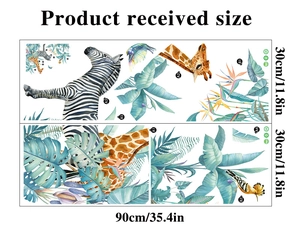 Macro detail of tropical animal wall decals with giraffe zebra and palm leaf patterns