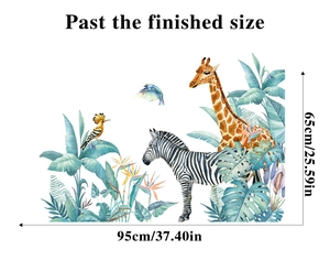 Detail view of tropical animals wall stickers showing layout dimensions 95cm x 65cm