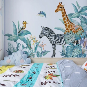 Tropical jungle wall stickers with giraffe and zebra for bedroom nursery decoration