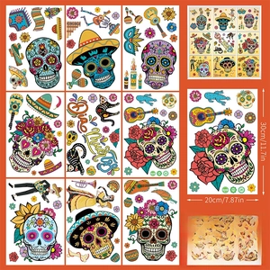 Set of 9 Day of the Dead static window clings with colorful skull designs for parties