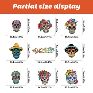 Size chart for 9 Day of the Dead window stickers featuring colorful skulls and measurements