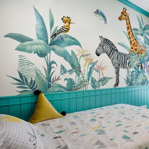 Waterweight tropical wall stickers featuring giraffe, zebra and lush green leaves for bedroom