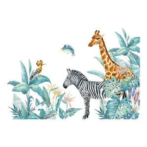 Detailed watercolor tropical giraffe and zebra wall stickers with monstera leaves