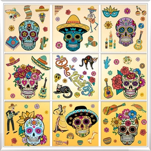Detailed set of colorful Day of the Dead window clings with sugar skulls and folk motifs
