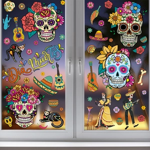 Vibrant Dia de Muertos static window clings featuring colorful sugar skulls and marigolds