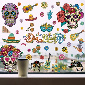 Detailed Day of the Dead window decals featuring colorful sugar skulls and floral patterns