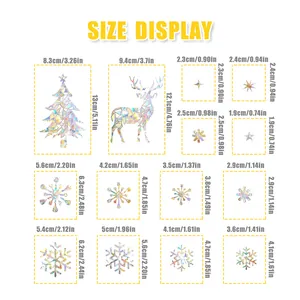 Detailed size chart showing dimensions for snowflake and reindeer window film stickers