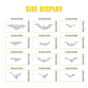 Size display chart showing dimensions of various bat suncatcher window stickers for Halloween