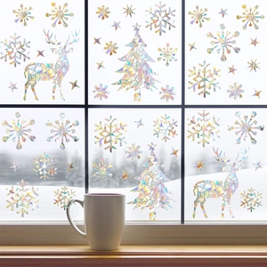 Rainbow prism window film set with holographic snowflake and reindeer holiday patterns