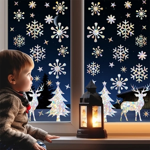 Rainbow suncatcher window decals featuring snowflake and reindeer patterns for home decor