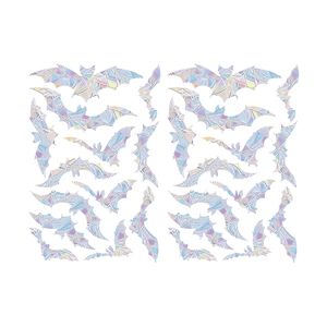 Detail of bat-shaped suncatcher stickers with vibrant rainbow laser refraction effect