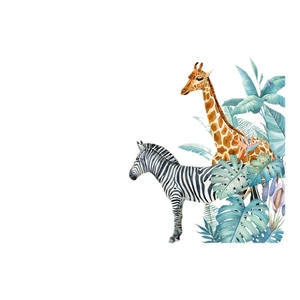 Tropical animals wall sticker with watercolor giraffe and zebra among green palm leaves