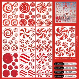 Detailed view of 9 sheets featuring 81 red and white Christmas candy window static stickers