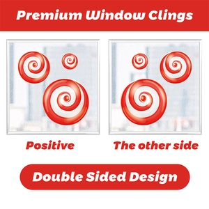 Double-sided Christmas candy window clings showing red and white spiral design on glass