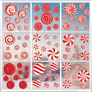 Detail showing red and white peppermint candy window stickers in various sizes and patterns