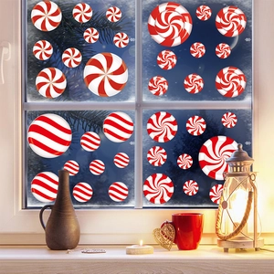 Christmas window stickers featuring red and white candy cane patterns for festive decor