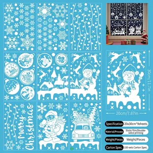 Detailed set of 9 white Christmas window stickers with snowflakes and Santa Claus motifs