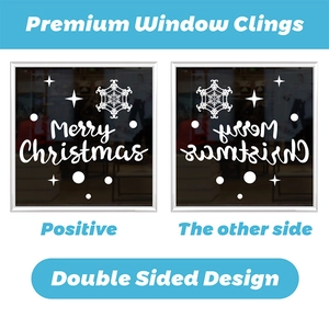 Double-sided white Merry Christmas window clings with snowflake and star designs