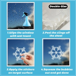 Guide showing how to apply white snowflake static window clings for holiday decor