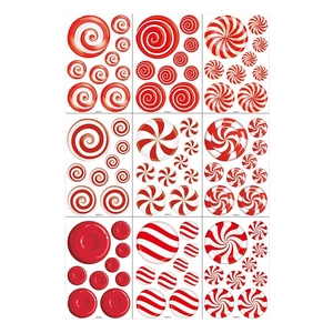 Christmas candy static window stickers set with red and white spiral patterns in 9 sheets