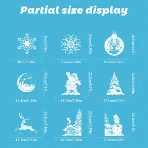 Detailed size chart for Christmas window stickers including Santa, snowman and snowflake motifs