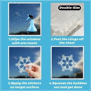 Detailed guide showing steps to apply white snowflake static window decals with water