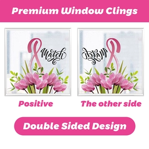 Close-up of double-sided pink ribbon window clings with floral designs for Breast Cancer Awareness