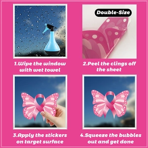 Step-by-step guide for applying pink ribbon butterfly window clings with double-sided design