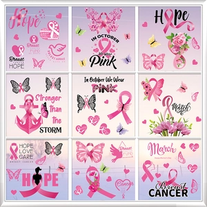 Detailed grid of nine pink ribbon breast cancer awareness decals with floral butterfly motifs