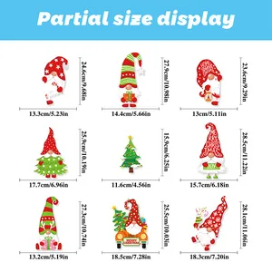 Size chart showing exact dimensions for nine Christmas gnome and tree window stickers