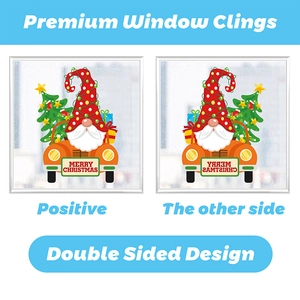 Double-sided Christmas window cling featuring a gnome in a car with a festive tree
