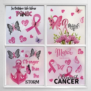 Pink ribbon breast cancer awareness window stickers with butterflies and floral motifs