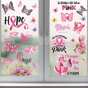 Pink ribbon breast cancer awareness window clings with colorful butterflies and flowers