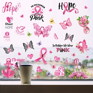 Pink ribbon breast cancer awareness window stickers with butterflies and floral motifs