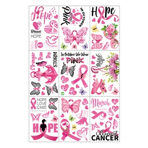 Detailed sheet of nine breast cancer awareness window stickers with pink ribbon and butterfly