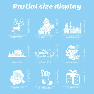 Detailed size chart for white Christmas window clings including reindeer and Santa decals