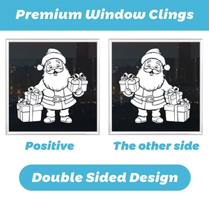 Double-sided Santa Claus window sticker with black and white line art and gift boxes