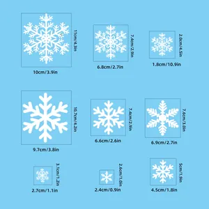 Size guide for white snowflake window stickers showing nine different dimensions for glass decals