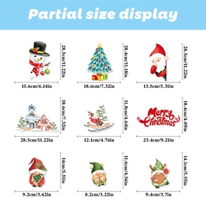 Detailed size display of Christmas Santa, snowman, and gnome static window stickers