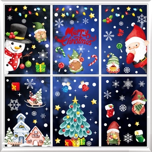 Detail of Christmas window stickers featuring Santa, snowmen, and gnomes for festive decor