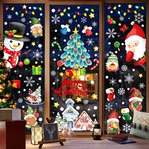 Christmas window static stickers featuring Santa, snowman, and gnomes on glass