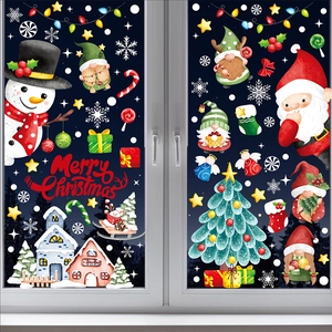 Festive Christmas window stickers featuring Santa, snowman, and tree on glass background
