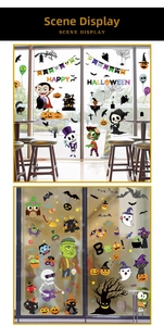 Detailed view of Halloween window stickers featuring cartoon ghosts, pumpkins and castles