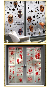 Detailed Halloween static window clings showing bloody handprints and pumpkin decals
