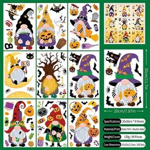 Set of 9 Halloween static window decals featuring gnomes and pumpkins, 20x30cm size