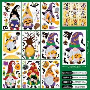 Set of 9 Halloween static window decals featuring gnomes and pumpkins, 20x30cm size