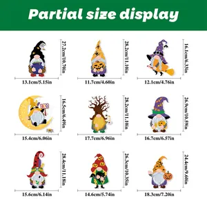 Size guide for Halloween static stickers with dimensions for 9 various gnome designs