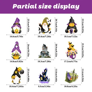 Size chart showing height and width for nine Halloween gnome and haunted house stickers