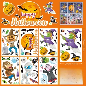 Detail view of Halloween static window stickers with witch and pumpkin double-sided prints