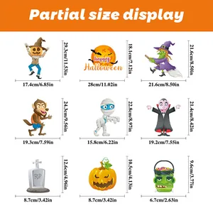 Detailed size chart for Halloween window stickers including scarecrow and witch designs